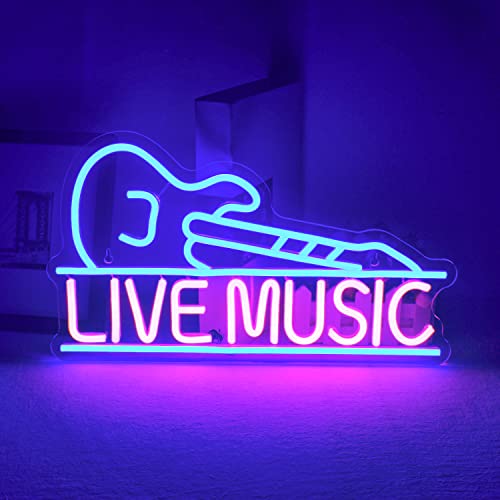 ineonlife Live Music Neon Schild Blau Rosa Musik LED Neon Lichter Buchstaben Leuchtreklame Gitarre geformt Licht up Schild für Bar Musik Stadio Nachtclub Party Wand Dekor Geschenk für Jungen Mädchen