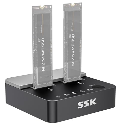 SSK Festplatten Docking Station, 20Gbps Dual Bay NVMe M.2 SSD Gehäuse, Werkzeuglos Dockingstationen für Festplatten Adapter USB 3.2 Gen 2X2 Clone NVMe Gehäuse for M Key PCIE NVMe SSD Case