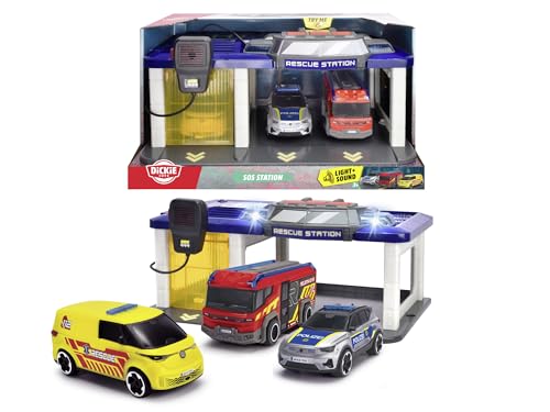 Dickie Toys - Rescue Auto-Station für Kinder ab 3 Jahre (31x22 cm) mit 3 Spielzeug-Autos (Polizeiauto, Krankenwagen, Feuerwehrauto), Feuerwehr- & Polizeistation mit Licht & Sound, inkl. Batterien