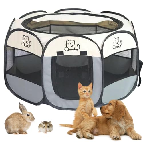 Welpenauslauf 74x74x43cm, BRIMOREA Katzenkäfig Hundekäfig für zuhause, Wurfkiste Wurfbox für Katzen Kaninchenstall innen Katzengehege Balkon Katzenkäfig für Draußen Kaninchengehege(Graue Katze)