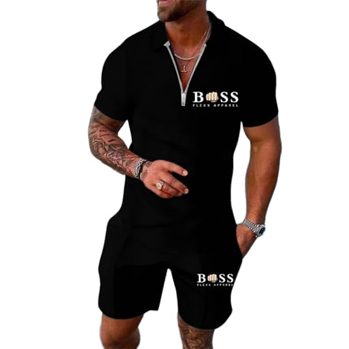 WAZHAKU Jogginganzug Herren Streetwear Sportanzug Oversized Activewear Sweatsuits Zweiteiliger Fitnessanzug 2-Teilig Poloshirt + Sporth Shorts Freizeit Jogginganzug Laufshirt Sweatsuits