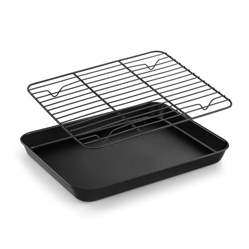 Homikit Backblech mit Kuchengitter Set, Karbonstahl Ofenblech Kuchenblech und Edelstahl Abkühlgitter, Rechteckig Backform Antihaftbeschichtung zum Backen, 26,5x20,5x2,5cm, Ungiftig