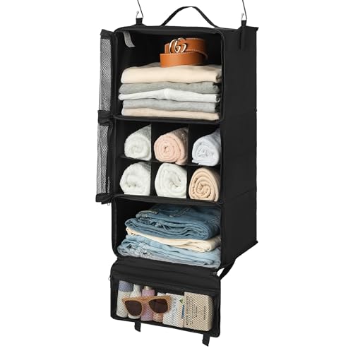 GRANNY SAYS Hänge Organizer mit 3 Fächern, Koffer Organizer Hängend, Faltbare Kleiderschrank Organizer Hängend, Tragbares Reiseregal, Schwarz Hängeorganizer Schrank, Portable Hanging Travel Organizer