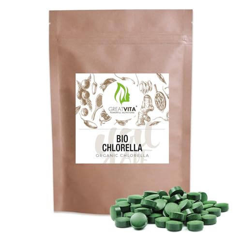 Bio Chlorella Tabletten ca. 800 Stück - 500 mg | 400g reine Algen-Presslinge, ohne Zusätze | Vegan & Nachhaltig verpackt | Reich an Chlorophyll & Carotinoiden - GreatVita