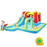 LEADZM Hüpfburg mit Gebläse, Großer Hüpfburg Kinder mit Trocken oder Wasserrutsche, Kletterwand, Schwimmbad, Geeignet für 3 Kinder von 3–10 Jahren, 465 x 365 x 195 cm