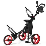 GYMAX Golf Push Trolley klappbar, 3-Rad Golfwagen mit Sitz & Verstellbarer Griff, Golftrolley, Golfcaddy, Golf Push Cart inkl. Scoreboard, Flaschehalter, Schirmhalter & Aufbewahrungstasche (Rot)