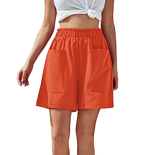 Sommer Hosen Damen Locker Kurz Lässige, solide Damen-Sporthose, Shorts, elastische Taille, Taschen, Alltagshose wear Hose Damen Hose Kurz für Schlafen Freizeitaktivitäten (Orange, XL)