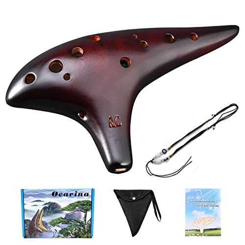 LIEKE Okarina 12 Löcher Alto C Stroh Rauchkeramik Ocarina, Musikinstrument,Geschenk für Kinder und Erwachsene, mit Songbook Nackengurt Tasche