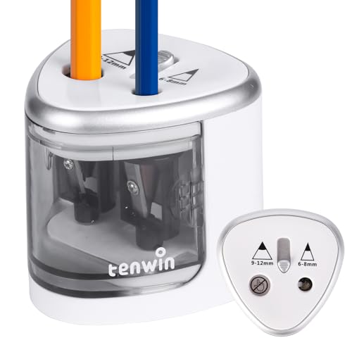 tenwin Elektrischer Bleistiftspitzer, Doppelloch-Batteriespitzer für 6-12mm No.2/Buntstifte, langlebige Klinge zum schnellen Anspitzen, geeignet für Schule/Klassenzimmer/Büro/Haus, Silber