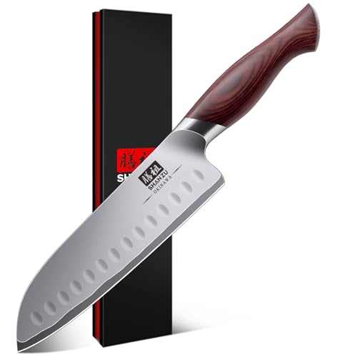 SHAN ZU Profi Santoku küchenmesser 18cm - Japanischer Hochcarbonstahl 10Cr15Mov mit 12° extrem scharfer Klinge & Ergonomischem Pakkaholzgriff - Kochmesser für Fleisch, Gemüse, Fisch