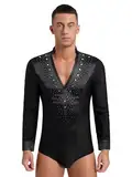 MSemis Herren Glitzernde Strasss Bodysuit Einteiler Latein Standard Hemdbody Langarm Tanz-Body Ballett Trikot Training Overall Dancewear Schwarz M