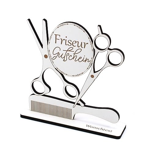 Geldgeschenk Friseur Friseurgutschein - inkl. Wunschtext Name - Kamm Schere Schild für Geld Gutschein Gutscheingeschenk Frisör - 16 x 16 cm