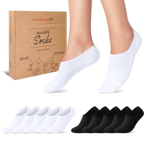 10 Paar Füßlinge Damen Sneaker Socken Herren Unsichtbar Atmungsaktiv Baumwolle mit Silikonpad 70106T (Schwarz Weiß 39-42)