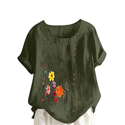 KOG Warehouse Deal - Damen Tshirt Vintage Leinenshirt Bekleidung Fashion Kurzarm Kleidung Frauen Shirts Elegante Grafik Drucken Sweatshirt Henley Ausschnitt Sommer Tops Armeegrün 3XL