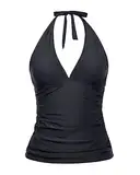 Holipick Zweiteiliger Tankini-Badeanzug für Damen, Bauchkontrolle, Badeanzüge, sexy V-Ausschnitt, Neckholder, Tankini-Oberteil mit Bikinihose, Schwarzer V-Ausschnitt, S