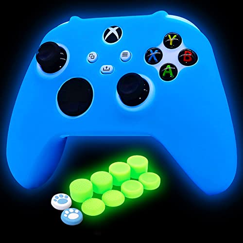 HLRAO Blauer Controller Skin Silikon Grip Glow in The Dark Schutzhülle Kompatibel mit Xbox Series X Controller mit 8 Glow FPS PRO Daumengriffe + 2 süßen Katzenpfoten-Daumengriffkappen.