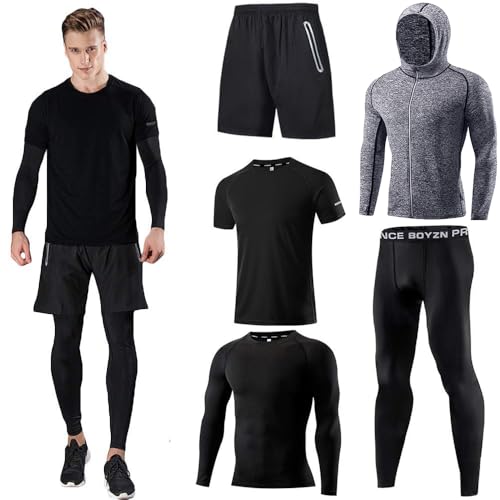 Herren Sport Laufset (5er Pack) Athletisches Shirt+Short/Kompressionsshirt+Hose mit Mantel Trainingsanzug Gym Anzüge Schwarz 03 2XL