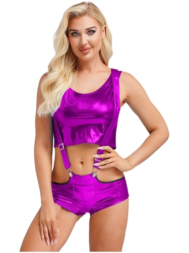 Yihuimin Damen Glitzer Metallic Dessous Sets Wetlook Tanktop und Latzshorts Nachtclub Erotische Dessous Gogo Tanz Kostüm Fasching Karneval Clubwear Violett M