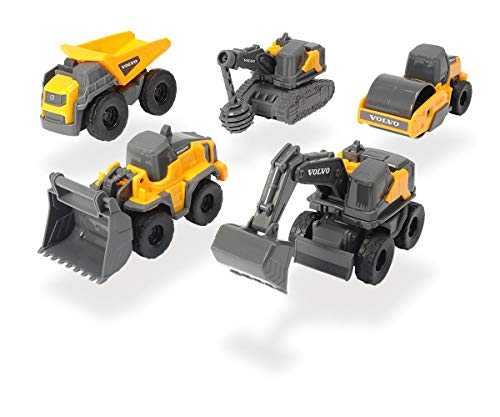 Dickie Toys 203722008 Volvo Micro Workers, 5er Spielzeugset, Bagger, Baustelle, Set Baufahrzeuge, Baustellenauto Kinder, Baustellenfahrzeuge, Geschenkset, für Kinder ab 3 Jahren, gelb/grau