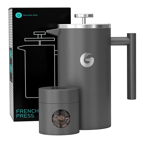 Coffee Gator French Press Kaffeemaschine - 1 L, Doppelt Isolierte Edelstahl-Brühmaschine plus Reisebehälter, Tragbare Heiß-Kalt-Brüh-Cafetera-Teekanne für Kaffeebar Küche Camping, Grau