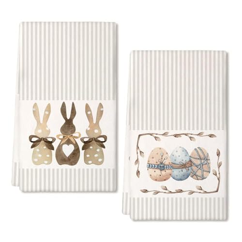 Geschirrtücher Ostern, Osterdeko Geschirrtuch Ostern Easter Kitchen Towels with Cute Rabbit & Easter Egg Design, Spring Stripes Tea Towels, Set of 2, 42 x 65 cm, Perfect for Easter & Spring Decoration