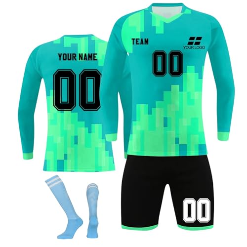 Personalisiertes Torwarttrikot, Torwartuniform-Set für Herren und Damen, individuelles Torwart-Set für Männer, Frauen, Jungen, Mädchen, mit Name, Teamnummer, 5 Cyan, 40 DE