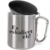 Prozente Momente Es eskaliert eh! | Edelstahl-Trinkbecher mit Karabinerhaken und Deckel | Geschenkidee | 330 ml | Becher | Camping | Vereine | Silber