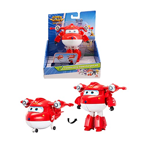 Super Wings EU740283 - Transformations-Flugzeug Supercharged Jett, ca. 12,7 cm große Spiel-Figur für Kinder, verwandelbares Spielzeug-Flugzeug und Roboterfigur, Rot