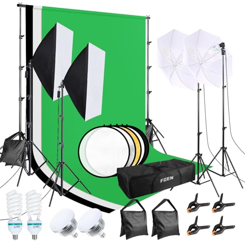 FGen Fotostudio Set, Baumwolle Greenscreen Set 2.6Mx3M Fotostudio Hintergrundsystem mit 135W CFL Fotolampe 85W LED Fotolampe Reflektor Fotoschirme Sandsack für Produkt Porträt Video Fotografie