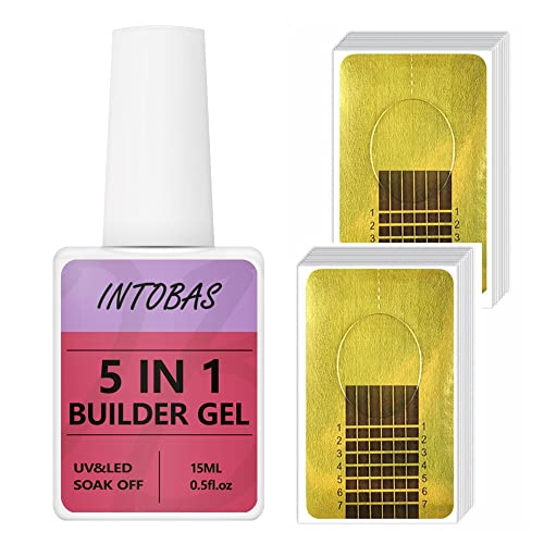 INTOBAS 5-IN-1 Builder Gel Für Nägel, Gel Nagellack UV Set Mit 100pcs Nail Forms, Aufbaugel Für Nägel UV/LED Für Nagelverlängerungen, Verlängerungen, Nagelkunst, Aufkleber,Nail Builder Gel Transparent