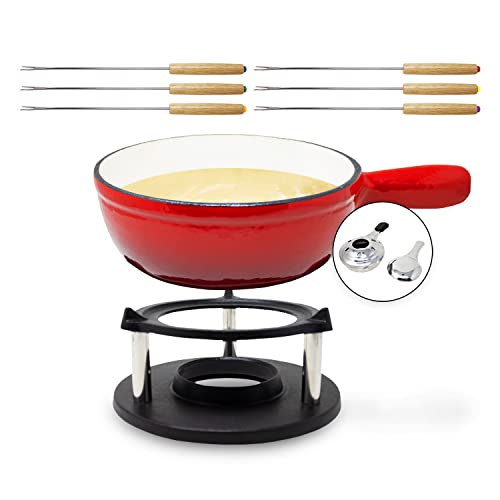 ToCis Big BBQ Fondueset inklusive 6 Fondue Gabeln | Käsefondue mit Stövchen 1,5 L | Emailliertes Fondue für Fleisch geeignet | Gusseisen Fondue auch mit Brühe einsetzbar | Schokofondue Farbe: rot