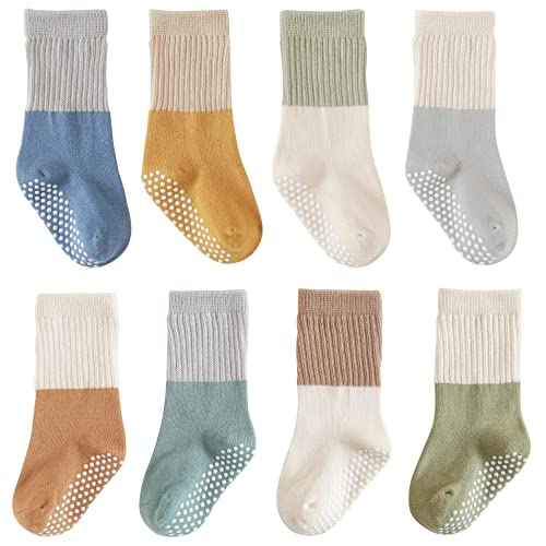 J Poqobog Kleinkind Baby Mädchen Jungen Socken - Baumwolle Rundsocken für Baby Geschenke Pack Baumwollreiche Kniestrümpfe Set (1-3 Jahre, Blau Grün Rutschfest 8 Paar)