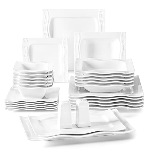 MALACASA, Serie Mario, 28-teilig Kombiservice aus Porzellan Geschirrset mit je 6 Schalen, 6 Dessertteller, 6 Suppenteller, 6 Speiseteller, 2 Rechteckige Platten und 2 Salz- und Pfefferdosen