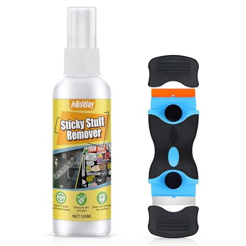 Allisway Ettikettenlöserspray, Etiketten Entferner, Sekundenkleber Entferner, mit Doppelseitigem Schaber, Klebereste Entferner Auto/Fensterrahmen/Etikettenentferner und Kleberlöser - 100ml