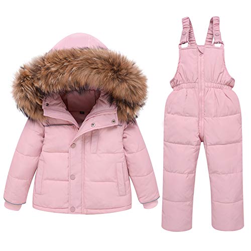 amropi Skianzug Mädchen Kinder Schneeanzug Daunenjacke mit Kaputze + Skihose 2tlg Bekleidungsset Winteranzug Rosa,3-4 Jahre