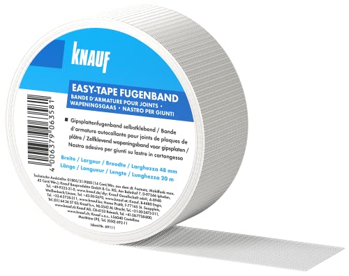 Knauf EASY-TAPE Fugendeckband zum Stabilisieren und Verspachteln von Fugen – selbstklebender Bewehrungs-Streifen zum Verfugen von Gipskarton-Platten bzw. Gipsfaser-Platten, 48 mm x 45 m