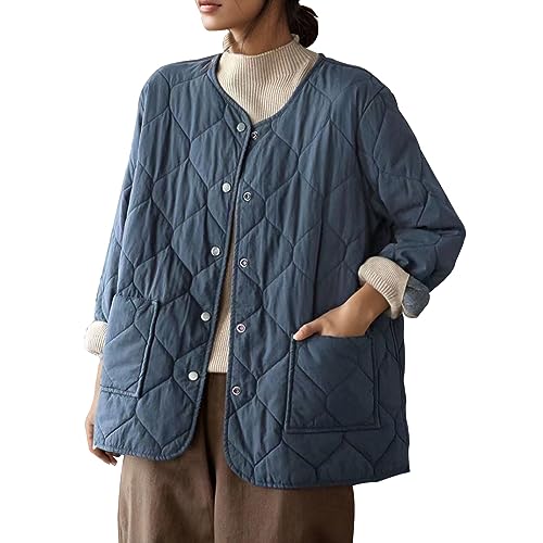 winterjacken für damen Einfarbige Damen-Baumwolljacke mit Rundhalsausschnitt einfachem Metallknopf – leichter Mantel in Übergröße Weste Fell Damen Wintermantel Warm Jacket Damenmantel (Blue, XL)