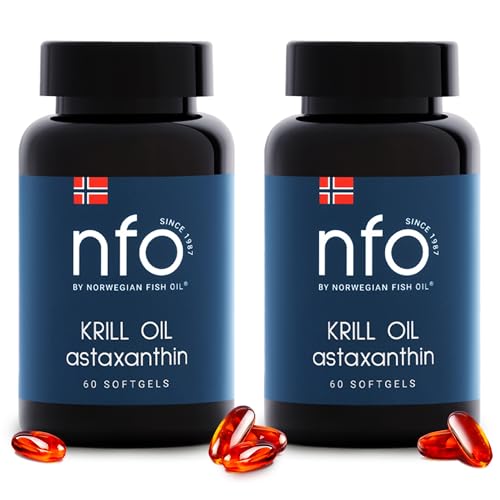NFO OMEGA 3 KRILL OIL Astaxanthin 2er Pack [2x60=120 Softgel Fischhaut Gelatine Kapseln] Hergestellt in Norwegen Krillöl Omega 3 Kapseln hochdosiert, Fischöl, EPA & DHA, Astaxanthin & Phospholipide