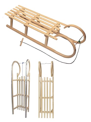 BambiniWelt by Rafael K. Hörnerschlitten Hörnerrodel [Holzschlitten] mit Zugseil Leichtlauf-Stahlkufenbeschläge 120cm Buchenholz massiv 2 Personen + GRATIS