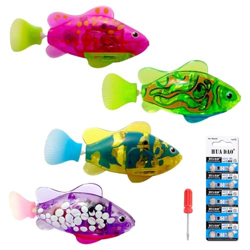 SKIKHN 4 Stück Roboter Fisch, Elektrische Fische mit Leuchtende, Robo Fische für Kinder, Wiederverwendbare Schwimmende Roboterfische mit 10 Batterien LED-Leuchten, Badespielzeug Set für Kinder