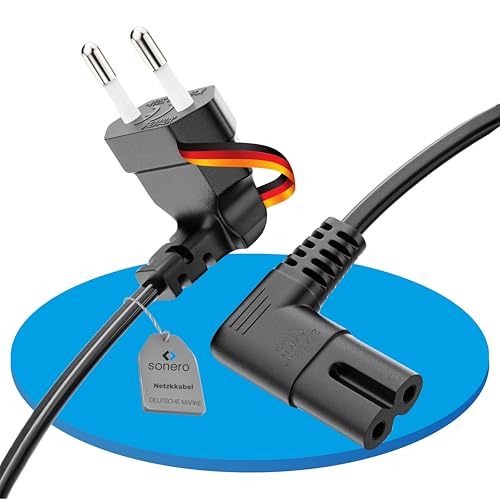 sonero Stromkabel Netzkabel 2 Polig, 1.50m, Eurostecker Typ C Netzstecker auf IEC Buchse C7 Euro 8 Stecker, 90° Winkel Netzteil Strom Kabel für TV, PS5, PS4, PS3, Haushaltsgeräte, schwarz