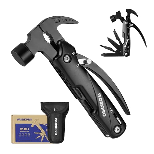 WORKPRO Multitool Hammer 12-in-1 Multitool Werkzeug Camping Hammer Multifunktionswerkzeug mit Hammer Klappmesser Nagelentferner Zange Säge Bits Geschenke für Feiertag mit Tragtasche