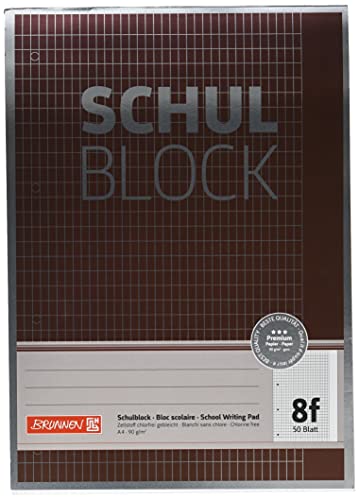 Brunnen 1052608 Schulblock/Notizblock Premium, A4, 50 Blatt, 5 x 7 mm rautiert mit Rand, Lineatur 8f, gelocht, kopfverleimt, 90g/m²