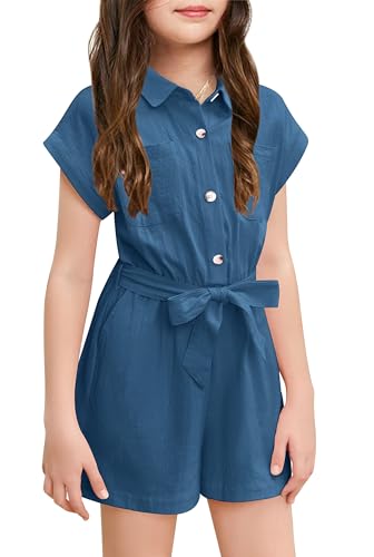 Haloumoning Niedlicher Jumpsuit für Mädchen Sommer Kinderoverall Button Down mit Gürtel Kinder kurzer Romper mit Taschen Blau, 6-8 Jahre