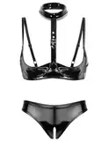 Kaerm Damen Wetlook Ouvert Dessous Set Lack Leder Hebe BH Offene Brüste Cups Push Up High Cut Thong Bikini Hose String Sexy Offen Reizwäsche Schwarz Leder S