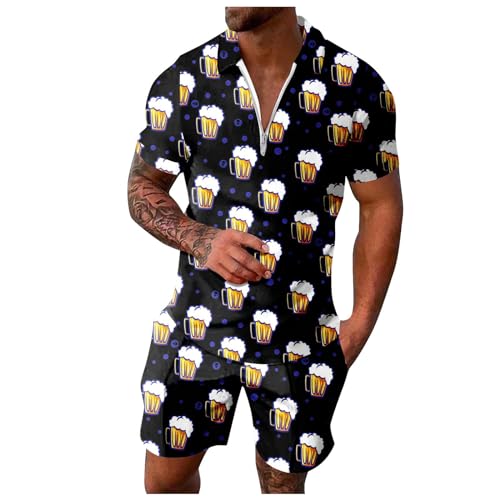 FASLOLSDP Männer Bier Outfit Kleidung, Sommer Outfit Herren 2 Teiler, Kurzarm T-Shirts + Kurze Hose 2 Teiler revers Festival tshirt set bequemes drucken Freizeitanzug y2k Streetwear