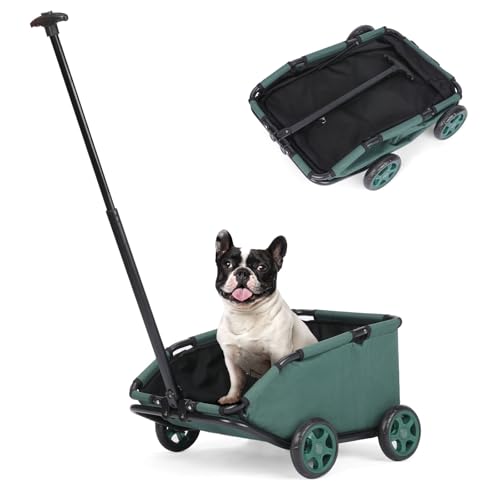 Mini-Hundewagen für Mini-Haustiere, faltbarer multifunktionaler Einkaufswagen mit ausziehbarem Ziehgriff, Doggie Wagon eingebautem Kissen und Sicherheitsseil mit Aufbewahrungstasche (Dunkelgrün)