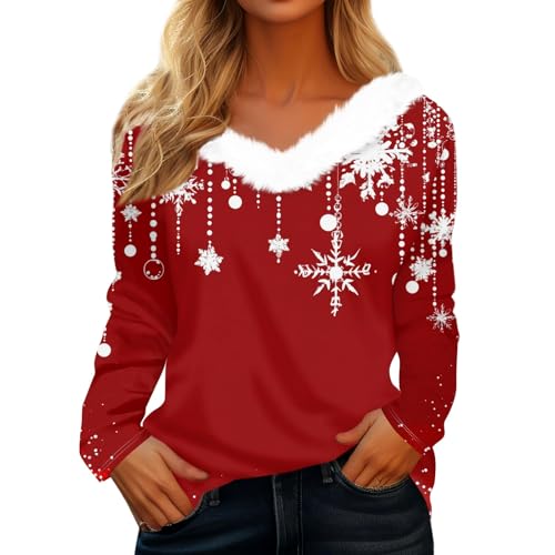 Weihnachtsbluse Damen, Weihnachts Hoodie Große Größen Xmas Christmas Weihnachtsbluse Blitzangebote des Tages Weihnachtshoodie Damen Lustige Kuschel Festlicher Top Rot L