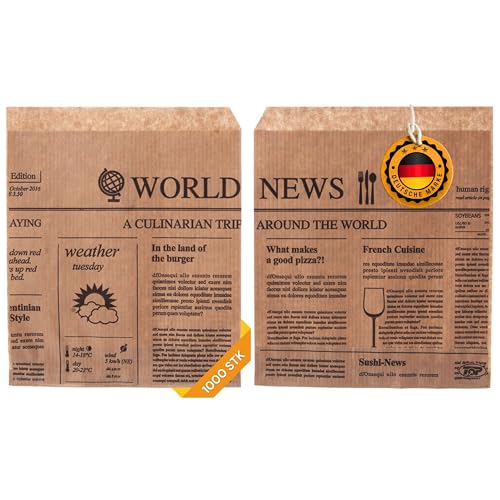 Snacktaschen/Hamburgertaschen Snackbeutel Newspaper aus Kraftpapier Hamburger-Tüten, 2-seitig offen (braun, 1000)