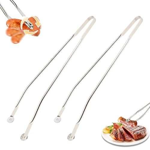 2 Stück Grillzange mit Rädchen,40cm BBQ Wurstdrehzange,Edelstahl Würstchen Wendezange,für Kochen in Der Küche,Camping-Grillpartys,Gegrillte Fleischsorten und Steaks